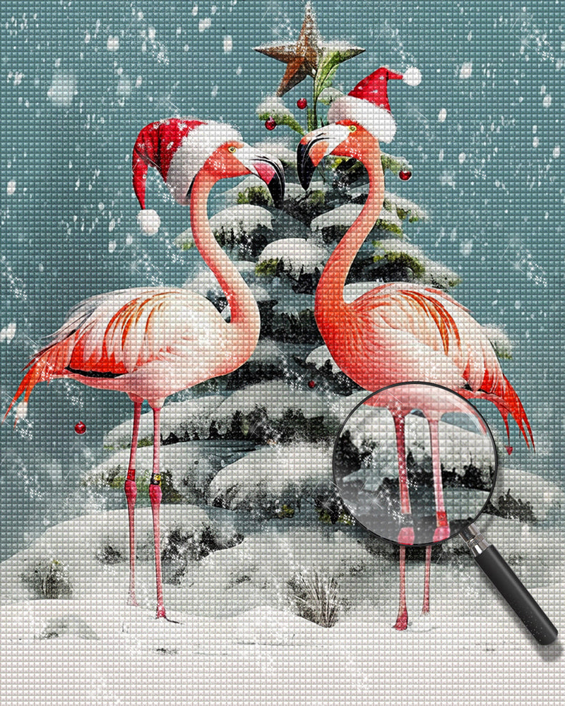 Flamingos und Weihnachtsbaum im Schnee Diamond Painting