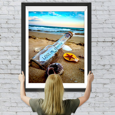 Flasche, Muschel und Seestern am Strand Diamond Painting