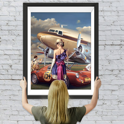 Flugzeug, Auto und schöne Frau Diamond Painting