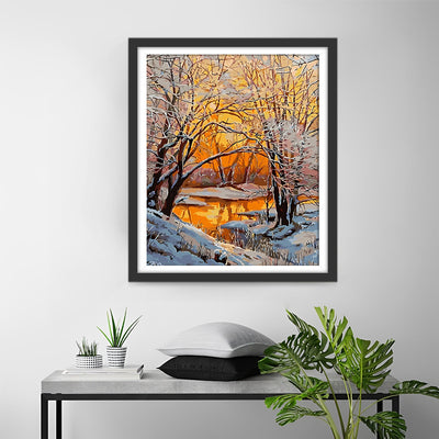 Fluss im verschneiten Wald Diamond Painting