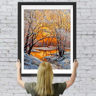 Fluss im verschneiten Wald Diamond Painting