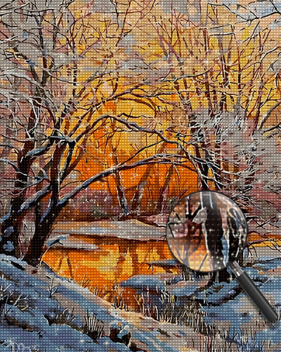 Fluss im verschneiten Wald Diamond Painting