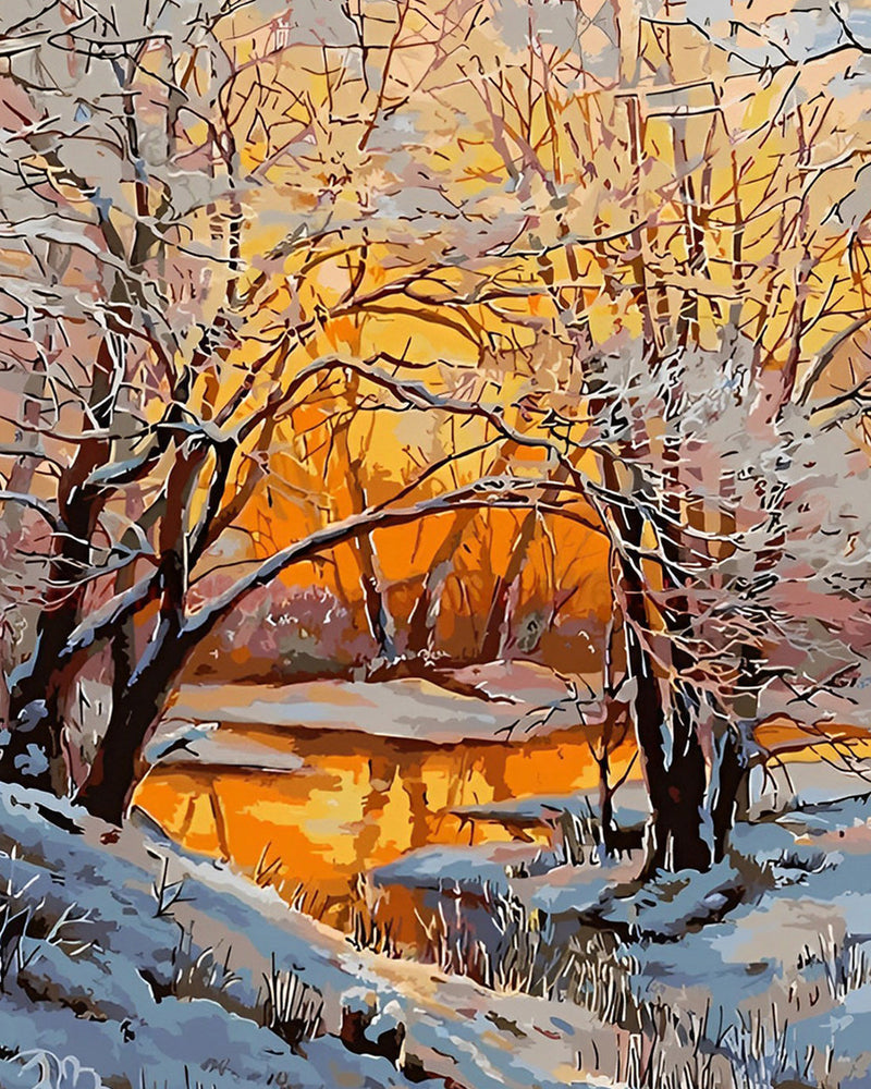 Fluss im verschneiten Wald Diamond Painting