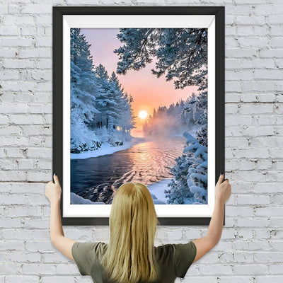 Fluss Sonne Schneewald Diamond Painting