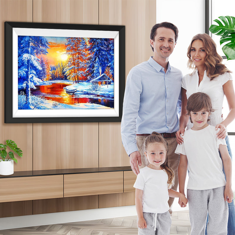 Fluss und Schneewald bei Sonnenuntergang Diamond Painting