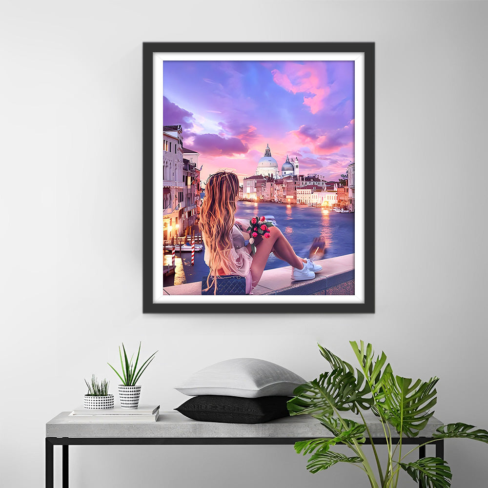 Frau auf der Brücke sitzend Diamond Painting