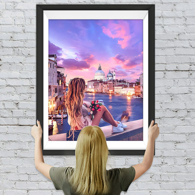 Frau auf der Brücke sitzend Diamond Painting