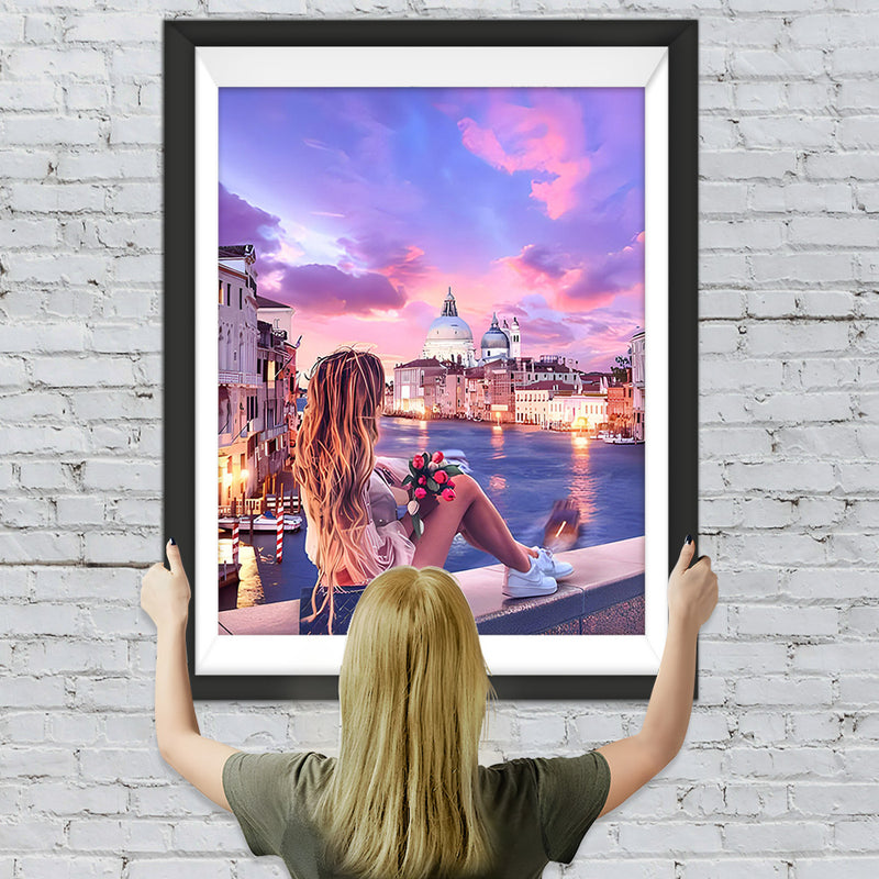 Frau auf der Brücke sitzend Diamond Painting