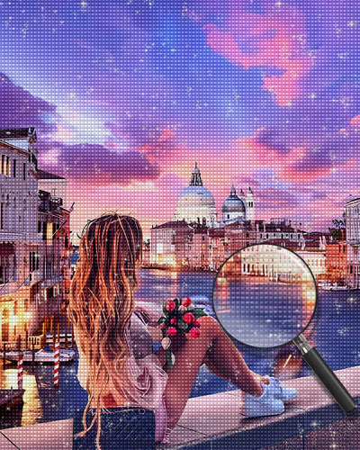 Frau auf der Brücke sitzend Diamond Painting