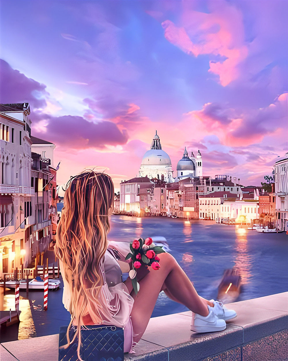 Frau auf der Brücke sitzend Diamond Painting