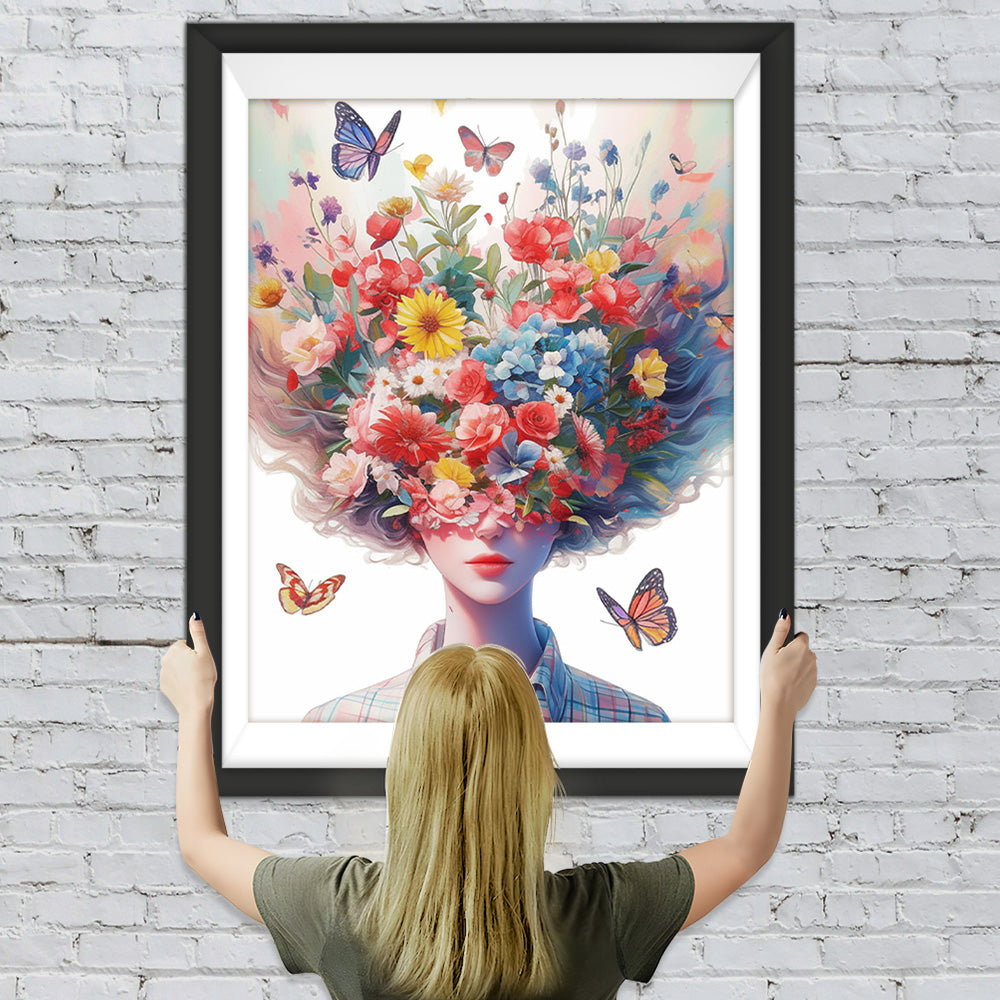 Frau, Blumen und Schmetterlinge Diamond Painting