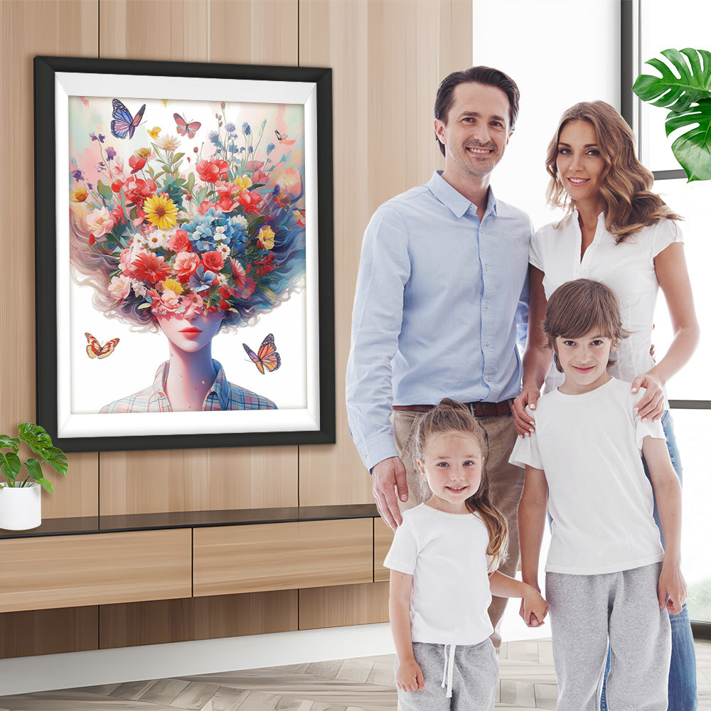 Frau, Blumen und Schmetterlinge Diamond Painting