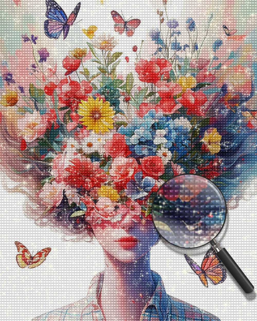 Frau, Blumen und Schmetterlinge Diamond Painting
