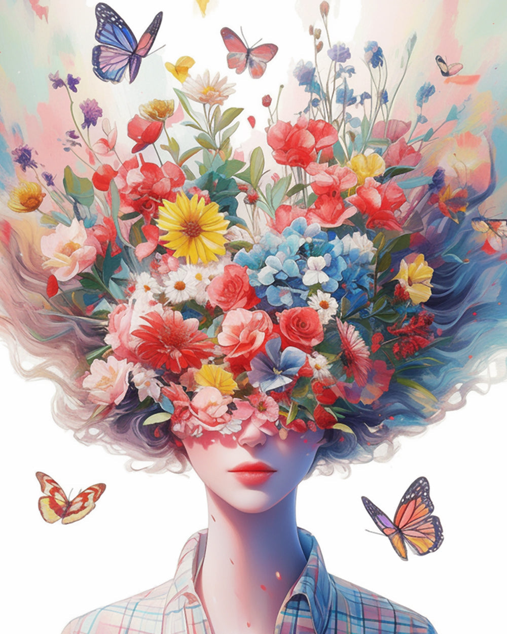 Frau, Blumen und Schmetterlinge Diamond Painting