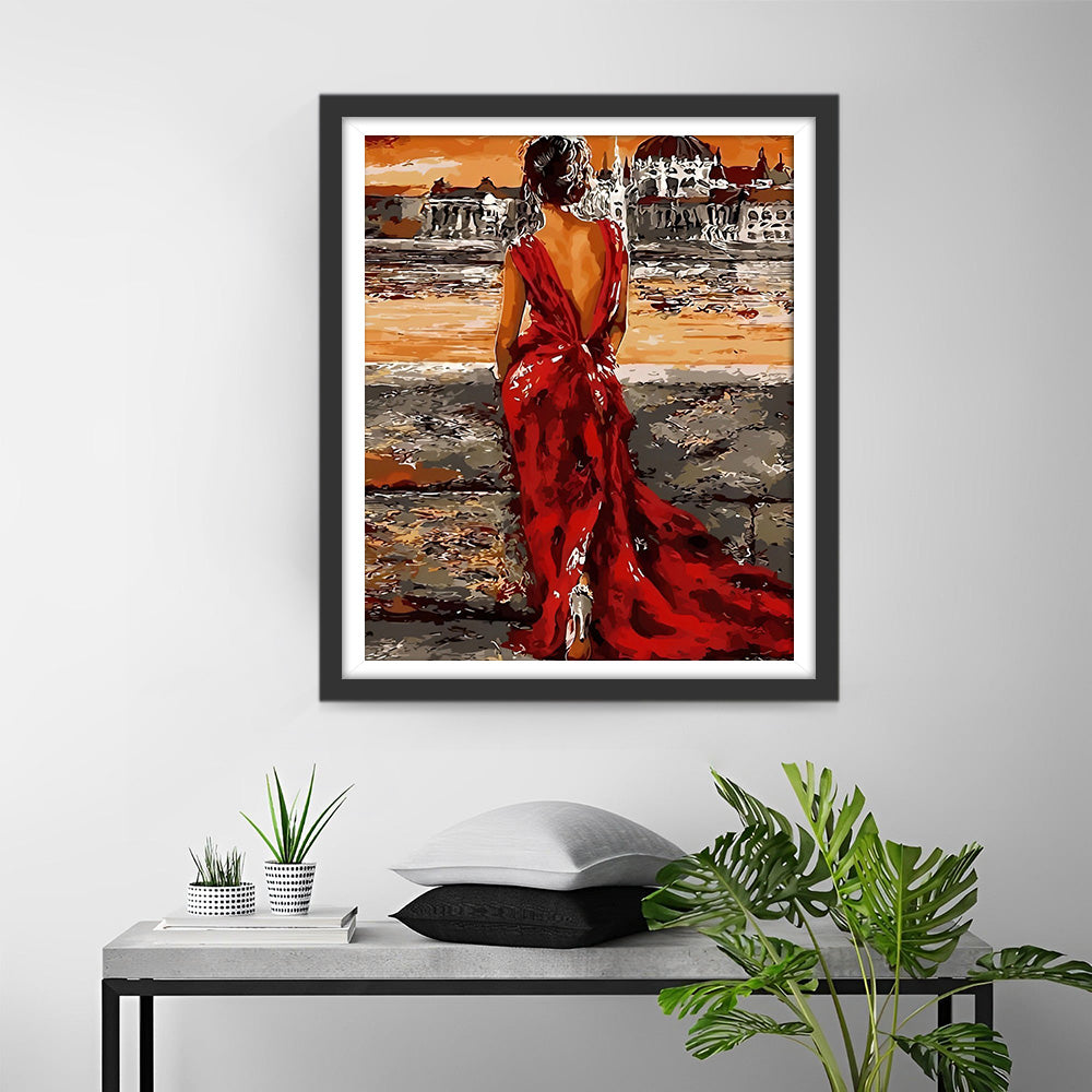 Frau im roten Kleid vor dem Palast Diamond Painting