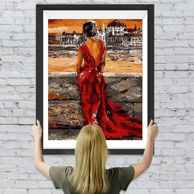 Frau im roten Kleid vor dem Palast Diamond Painting