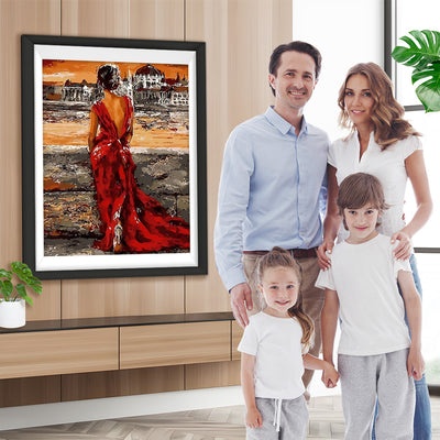 Frau im roten Kleid vor dem Palast Diamond Painting