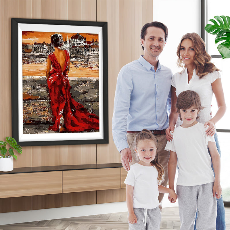Frau im roten Kleid vor dem Palast Diamond Painting