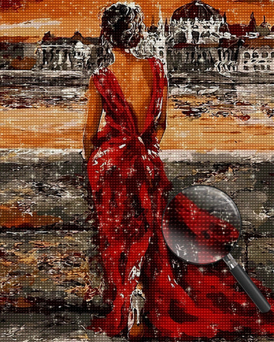 Frau im roten Kleid vor dem Palast Diamond Painting