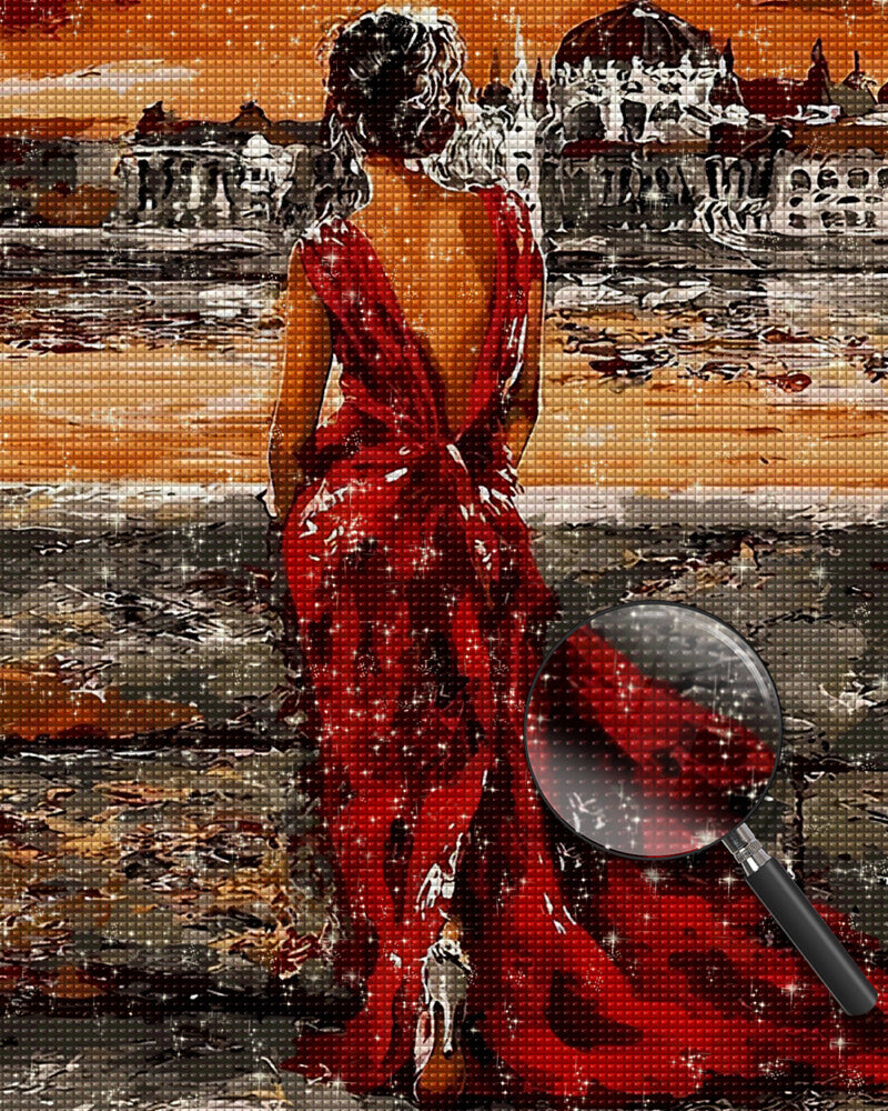 Frau im roten Kleid vor dem Palast Diamond Painting
