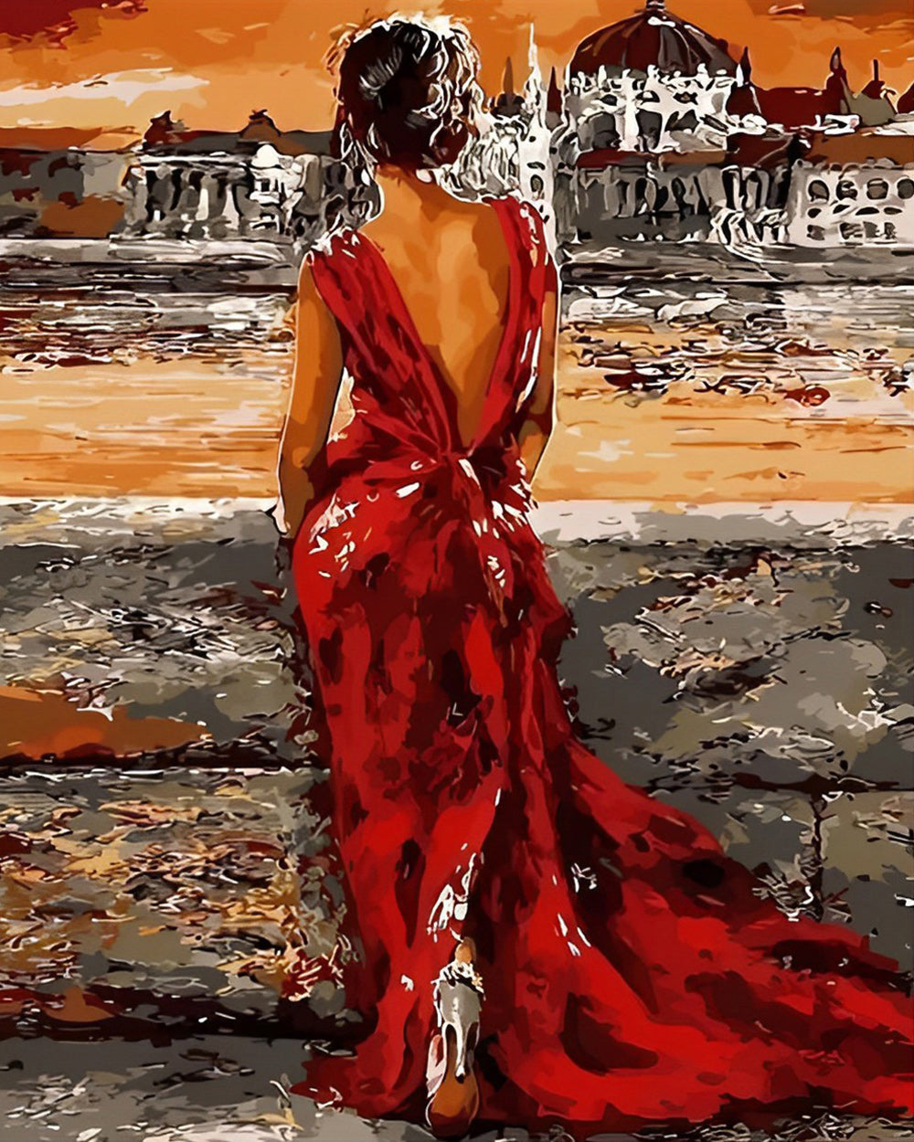 Frau im roten Kleid vor dem Palast Diamond Painting