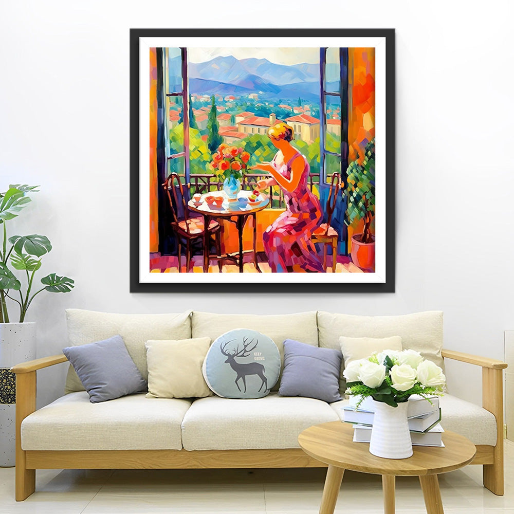 Frau im Urlaub in den Bergen Diamond Painting