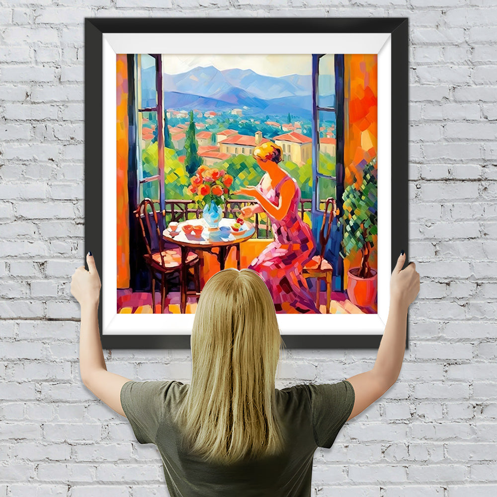 Frau im Urlaub in den Bergen Diamond Painting