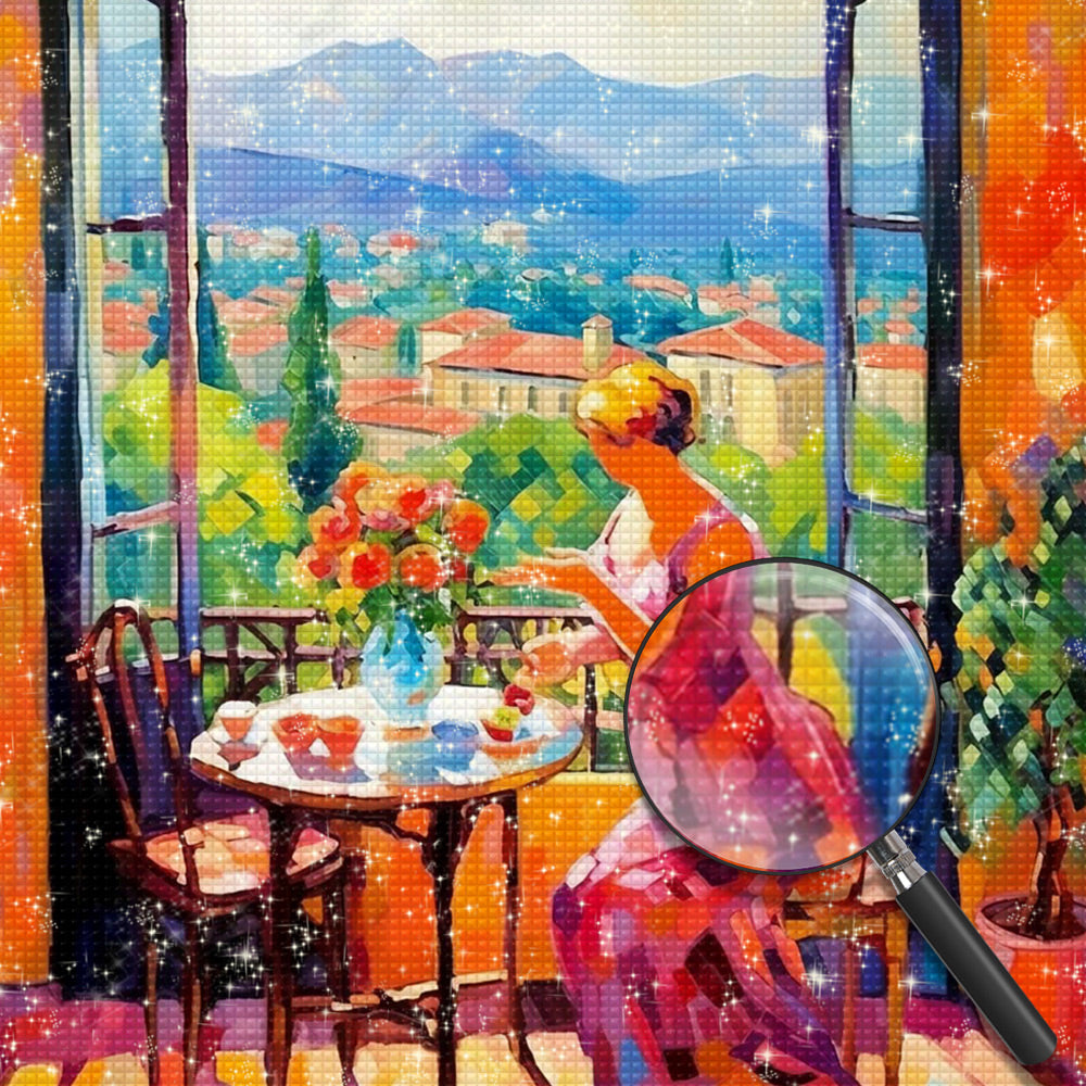 Frau im Urlaub in den Bergen Diamond Painting