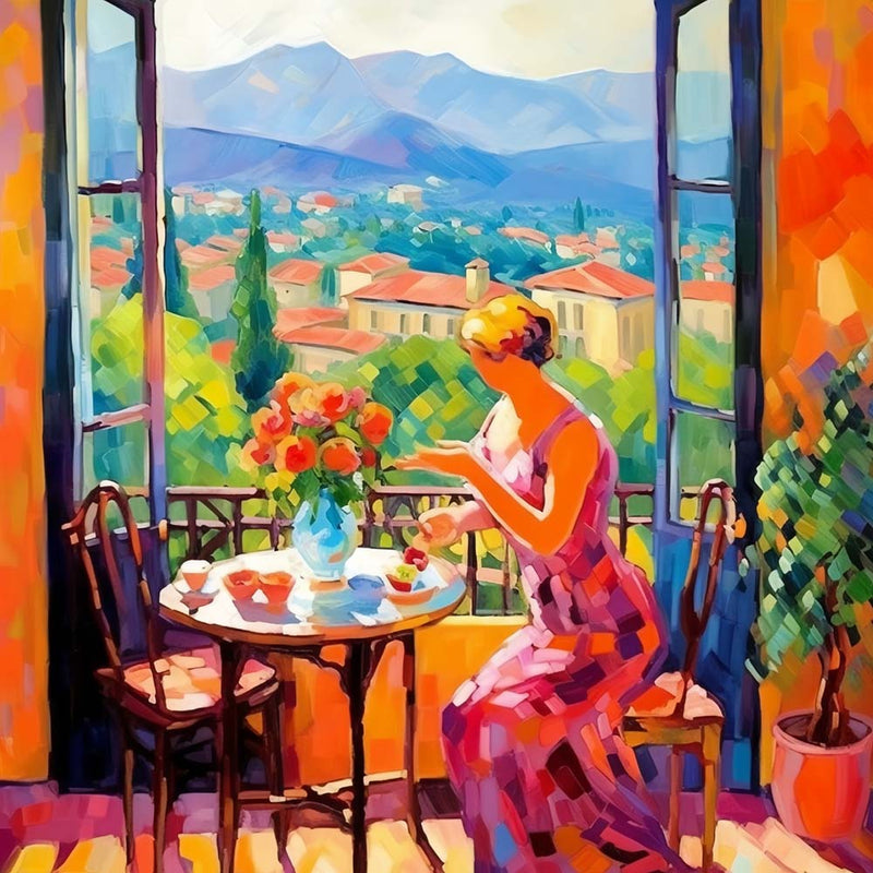 Frau im Urlaub in den Bergen Diamond Painting