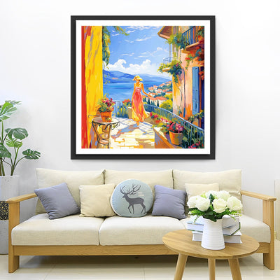 Frau im Urlaub in einer Stadt am Meer Diamond Painting