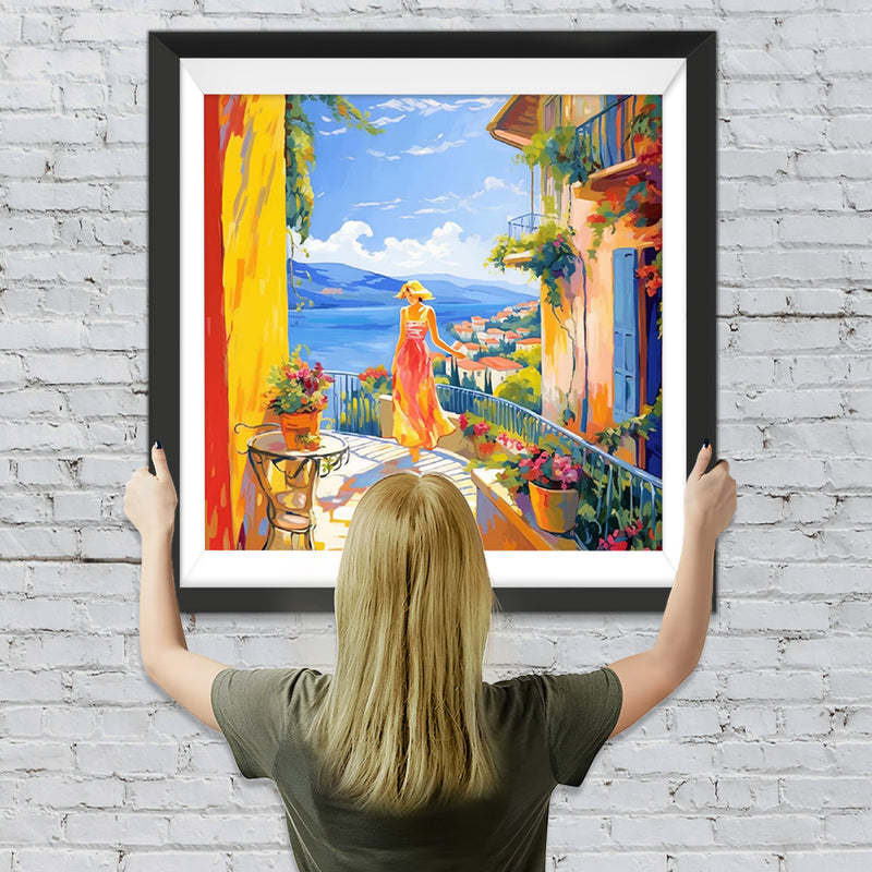 Frau im Urlaub in einer Stadt am Meer Diamond Painting