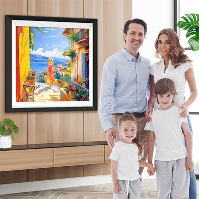 Frau im Urlaub in einer Stadt am Meer Diamond Painting
