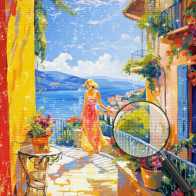 Frau im Urlaub in einer Stadt am Meer Diamond Painting