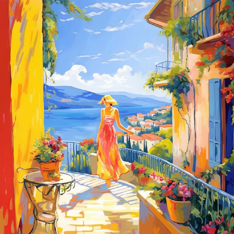 Frau im Urlaub in einer Stadt am Meer Diamond Painting