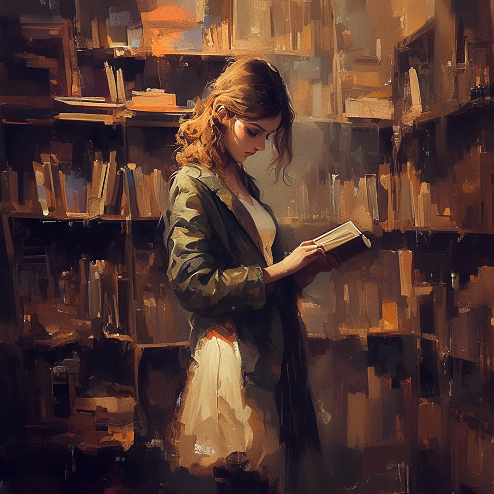 Frau in der Bibliothek Diamond Painting