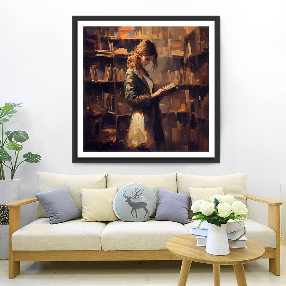 Frau in der Bibliothek Diamond Painting