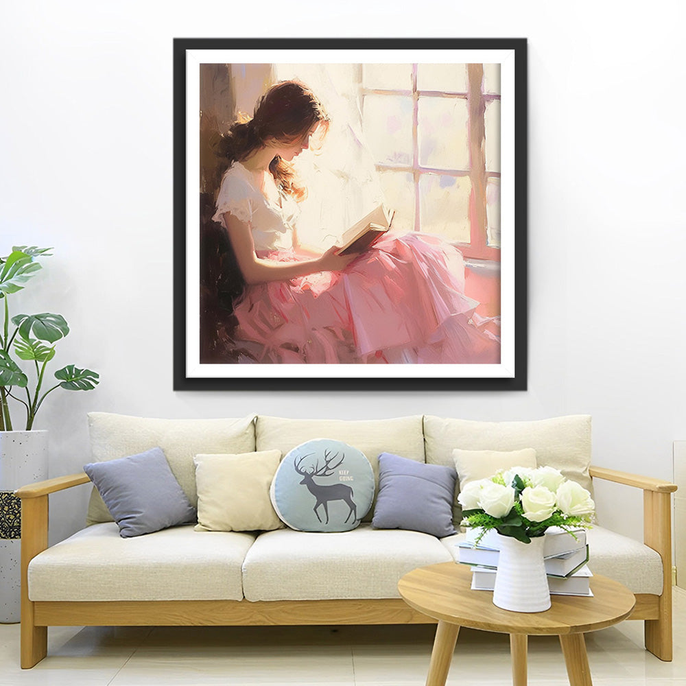 Frau liest ein Buch am Fenster Diamond Painting