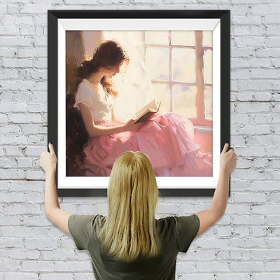 Frau liest ein Buch am Fenster Diamond Painting
