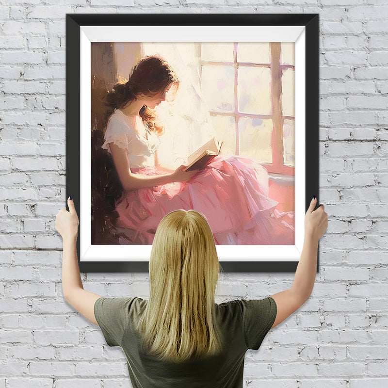 Frau liest ein Buch am Fenster Diamond Painting