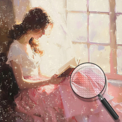 Frau liest ein Buch am Fenster Diamond Painting
