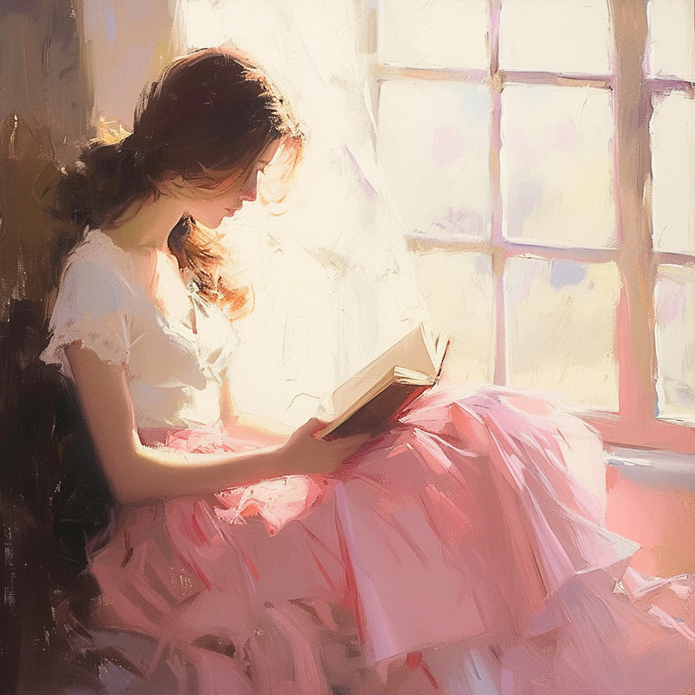 Frau liest ein Buch am Fenster Diamond Painting