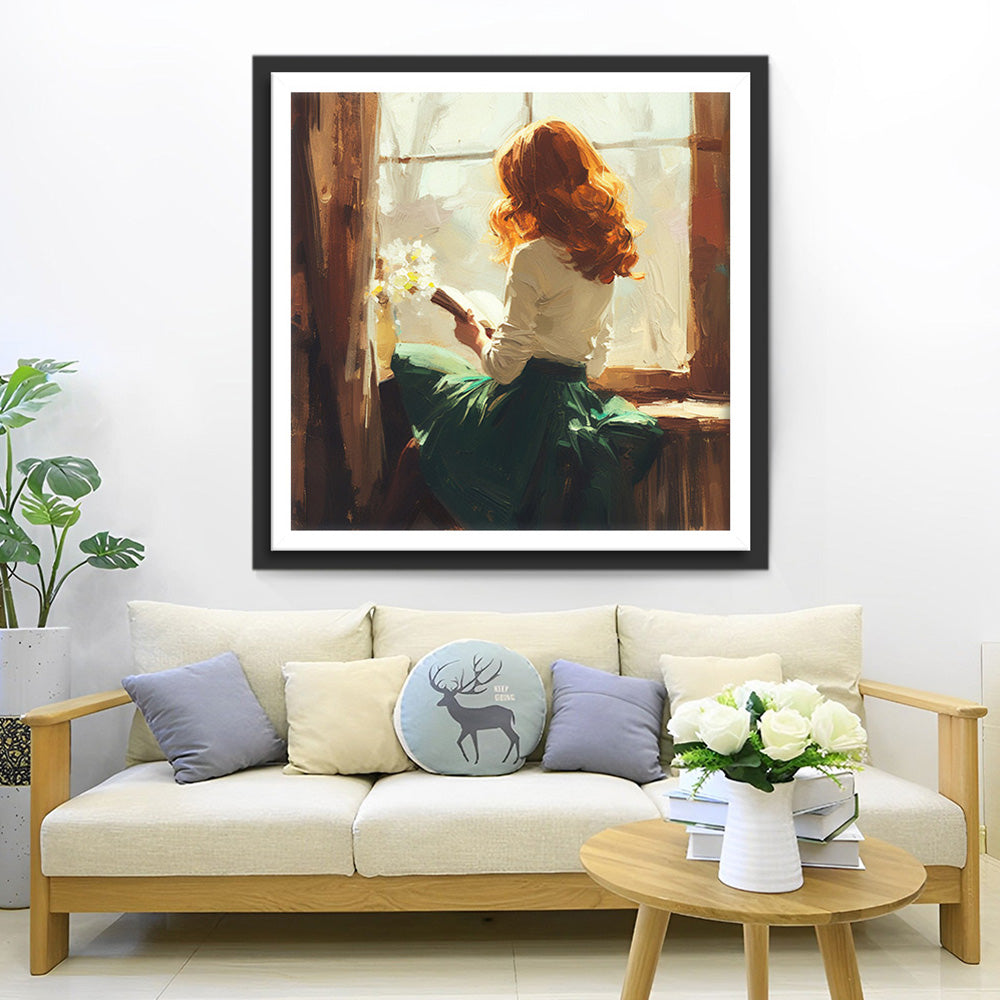 Frau liest ein Buch auf der Fensterbank Diamond Painting
