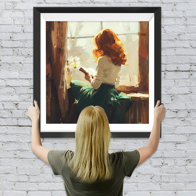 Frau liest ein Buch auf der Fensterbank Diamond Painting