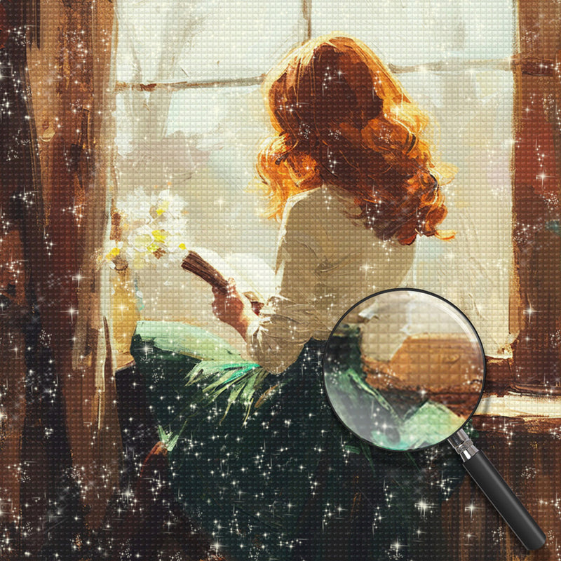 Frau liest ein Buch auf der Fensterbank Diamond Painting
