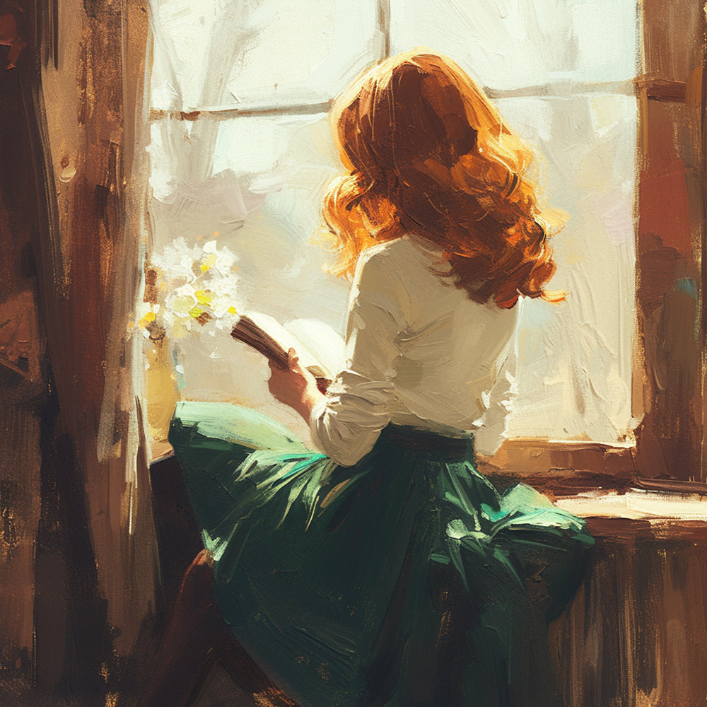 Frau liest ein Buch auf der Fensterbank Diamond Painting