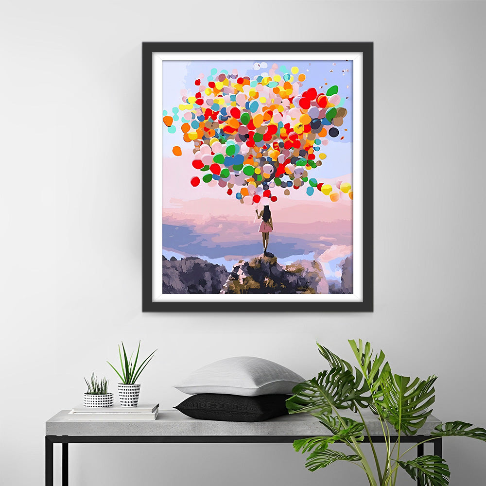 Frau mit bunten Luftballons auf dem Berg Diamond Painting