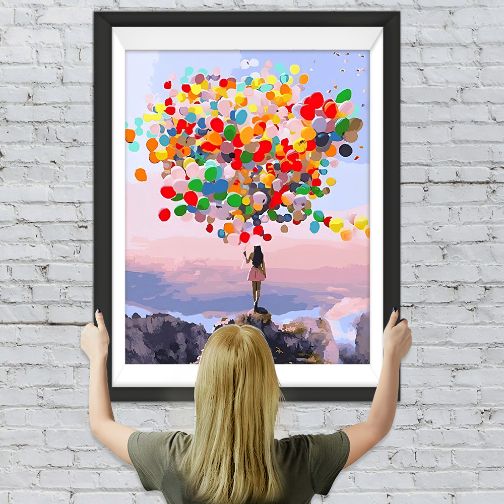 Frau mit bunten Luftballons auf dem Berg Diamond Painting
