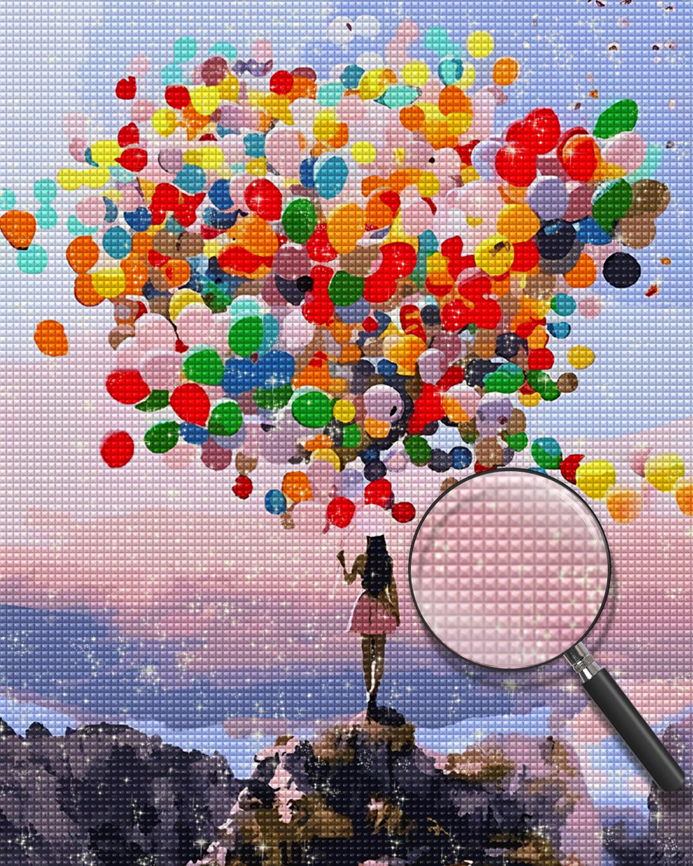 Frau mit bunten Luftballons auf dem Berg Diamond Painting
