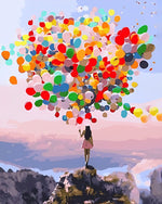 Frau mit bunten Luftballons auf dem Berg Diamond Painting