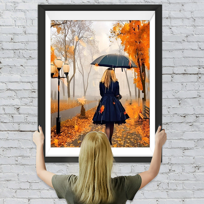 Frau mit Regenschirm im Herbst Diamond Painting